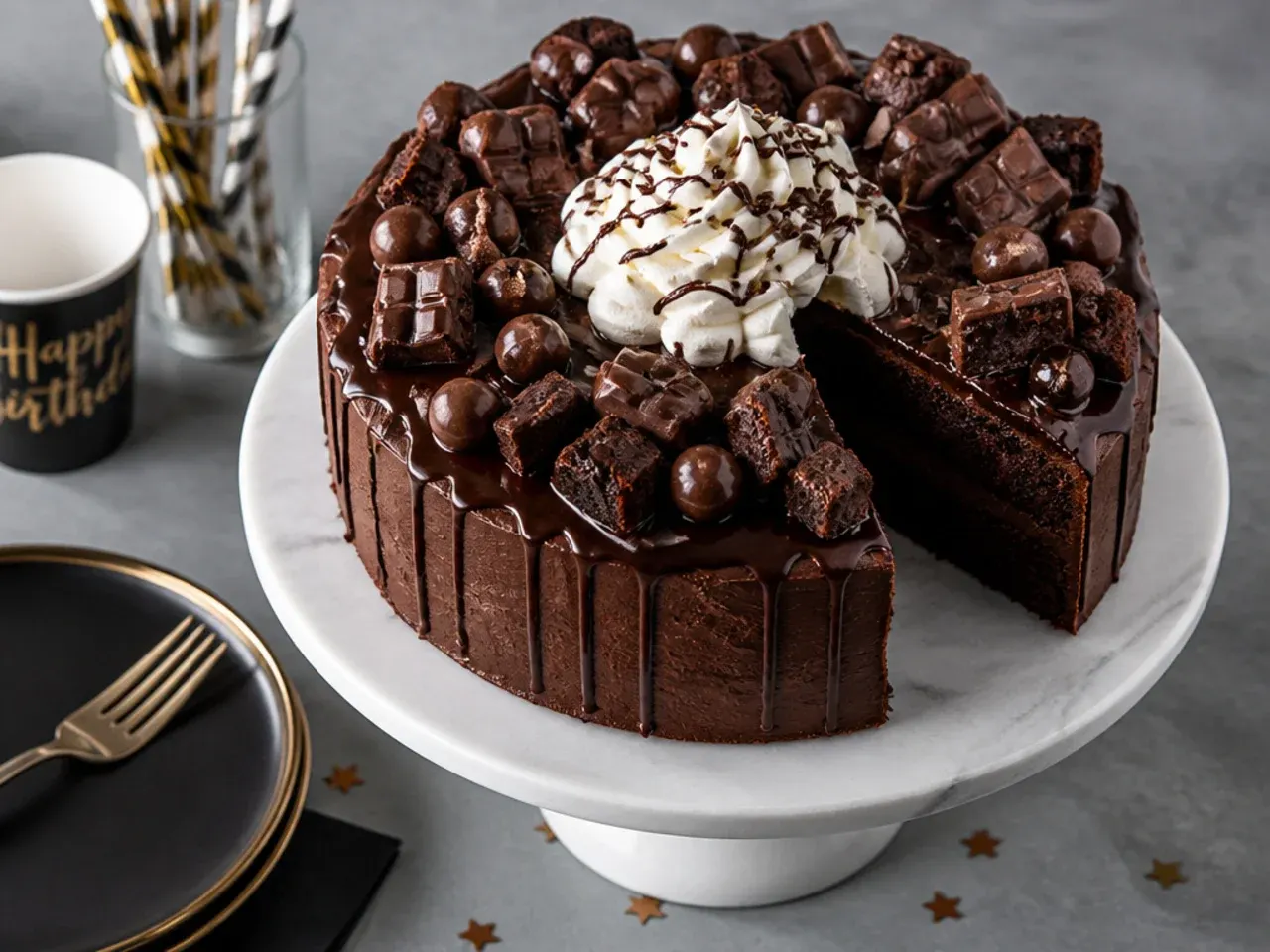 Thick slice of loaded chocolate fudge brownie cake with visible chocolate chunks
