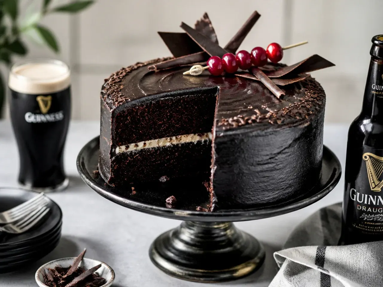 Guinness chocolate cake frosted to resemble a pint of stout with pale cream cheese frosting on top