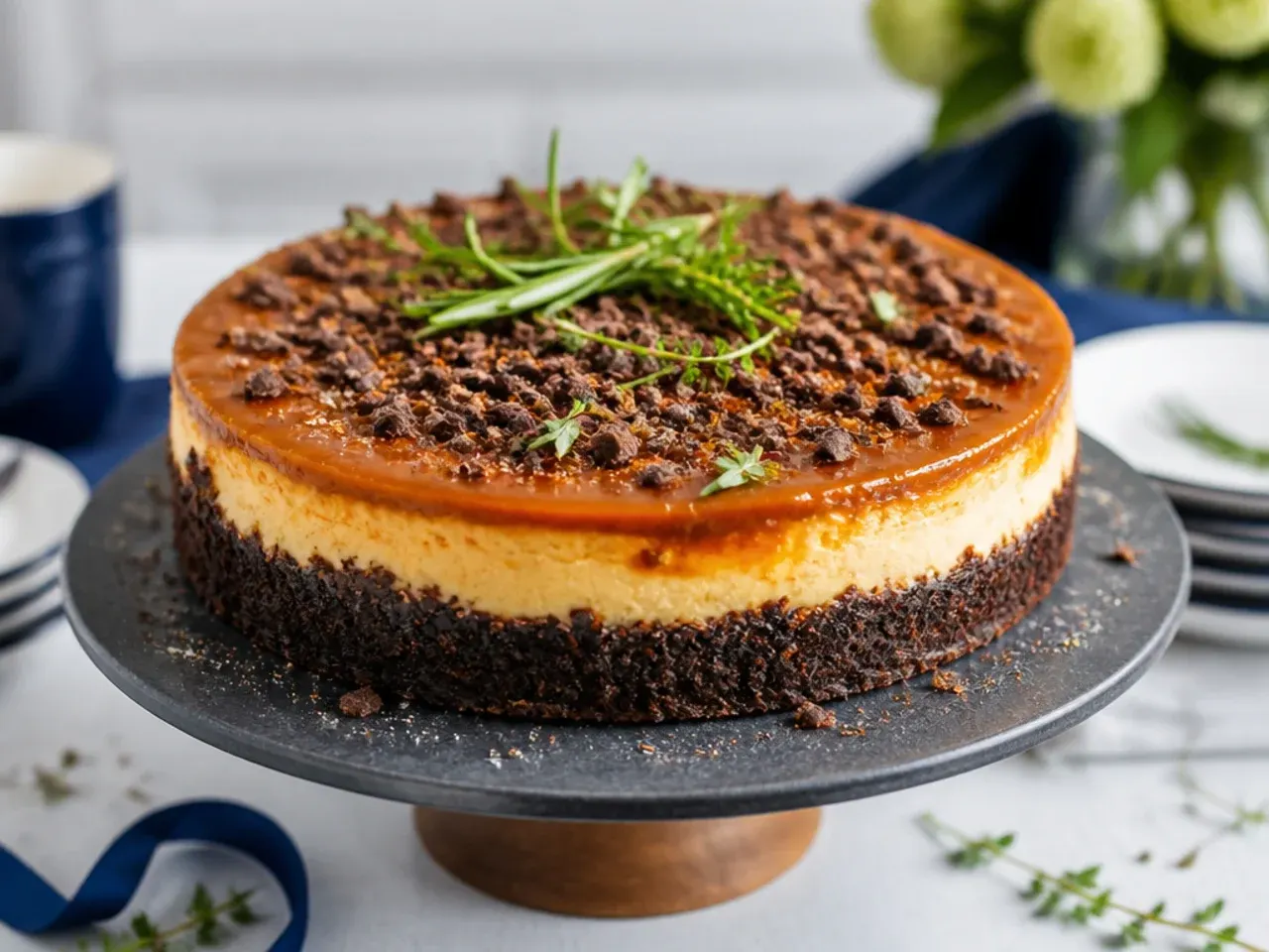 Baked New York-style cheesecake on a biscuit base topped with dark chocolate shavings