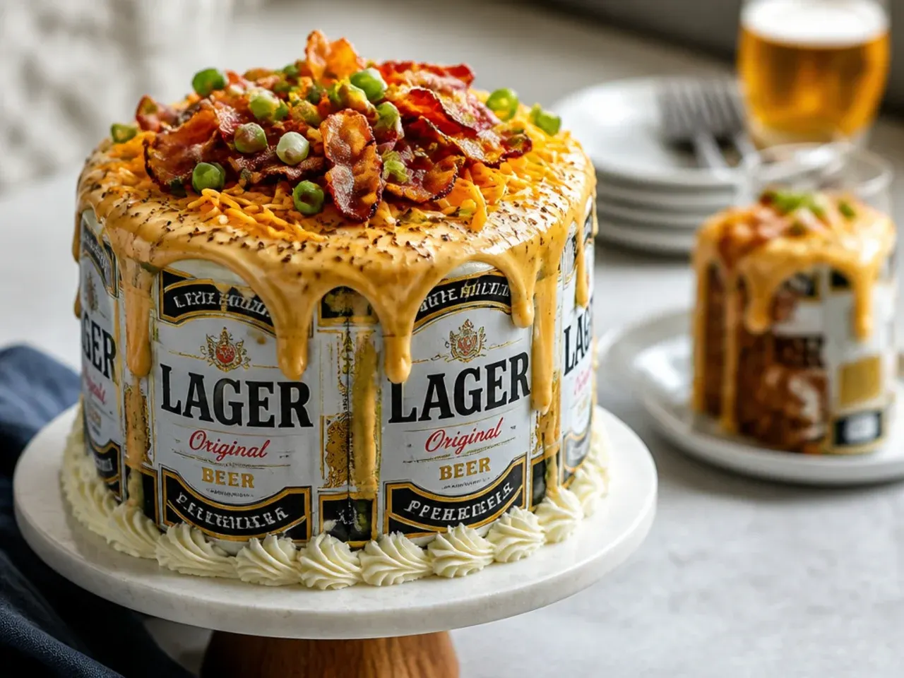 Novelty cake shaped and decorated to look like a beer can, tapered with a piped foam top