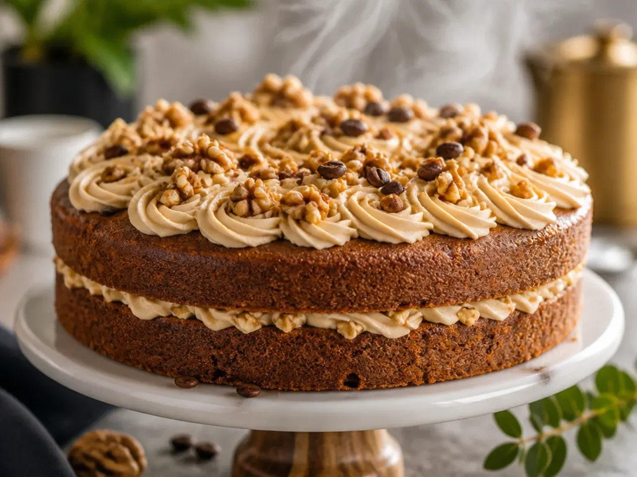 Coffee and walnut layer cake with toasted walnut halves arranged on top