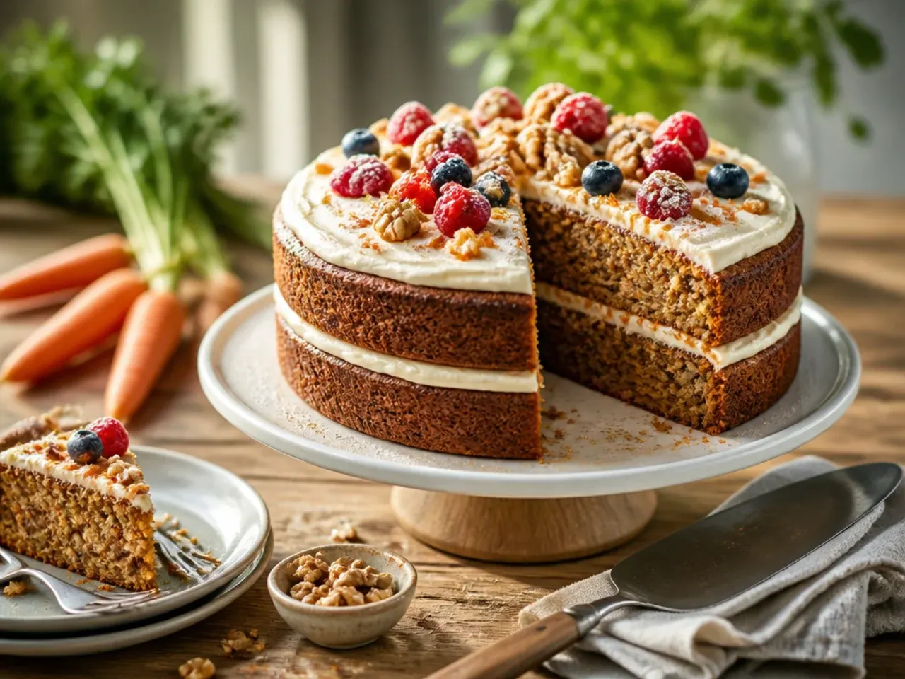 Carrot and walnut cake sliced to show a moist, spiced crumb under cream cheese frosting