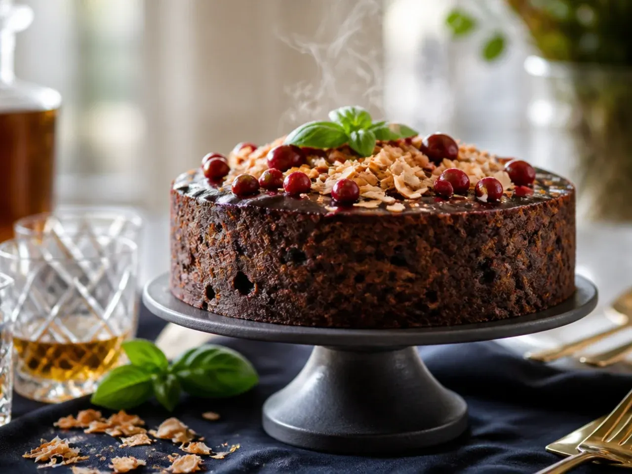 Dense whisky-soaked fruit cake sliced thin, showing dried fruit throughout the crumb