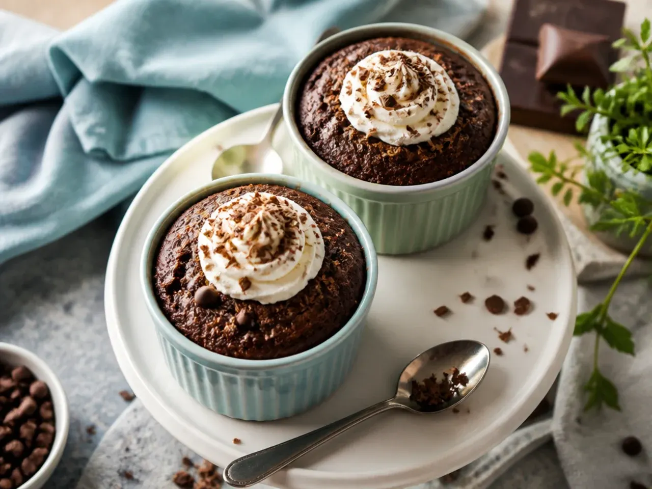Chocolate mug cake with a molten peanut butter centre, spoon resting beside it
