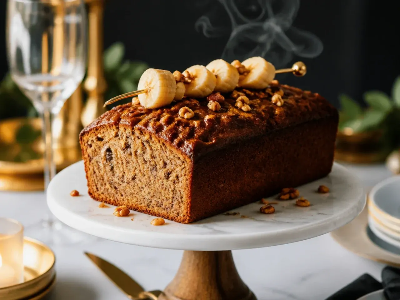 Banana loaf cake iced with brown butter icing and topped with toasted pecans