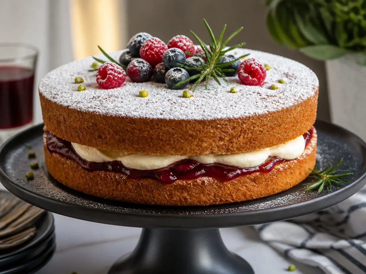 Classic Victoria sponge cake with jam and cream filling, plain undecorated top