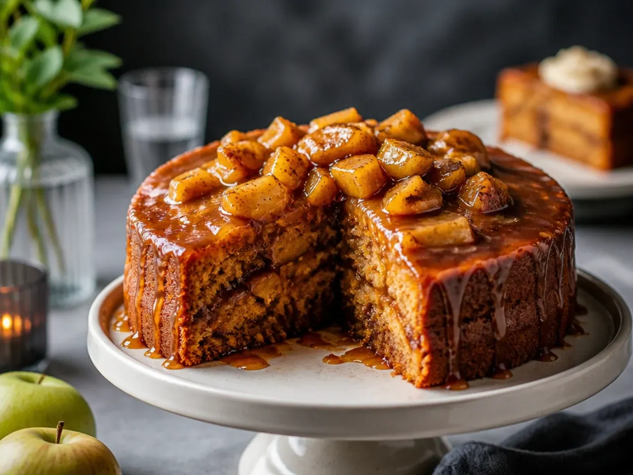 Spiced apple cake topped with sticky toffee glaze and toasted pecans