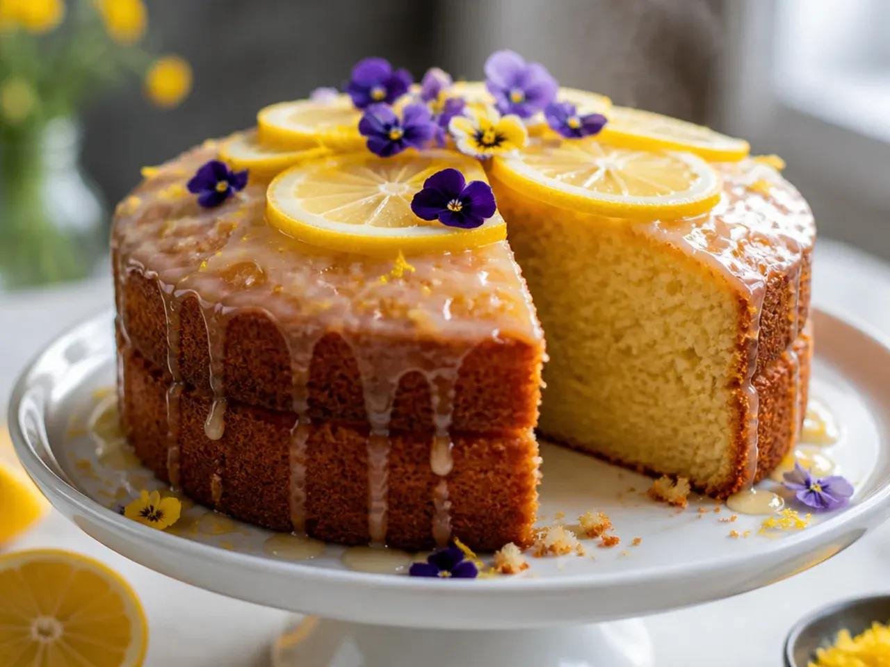 Lemon drizzle loaf cake with a crackled sugar crust, unfrosted