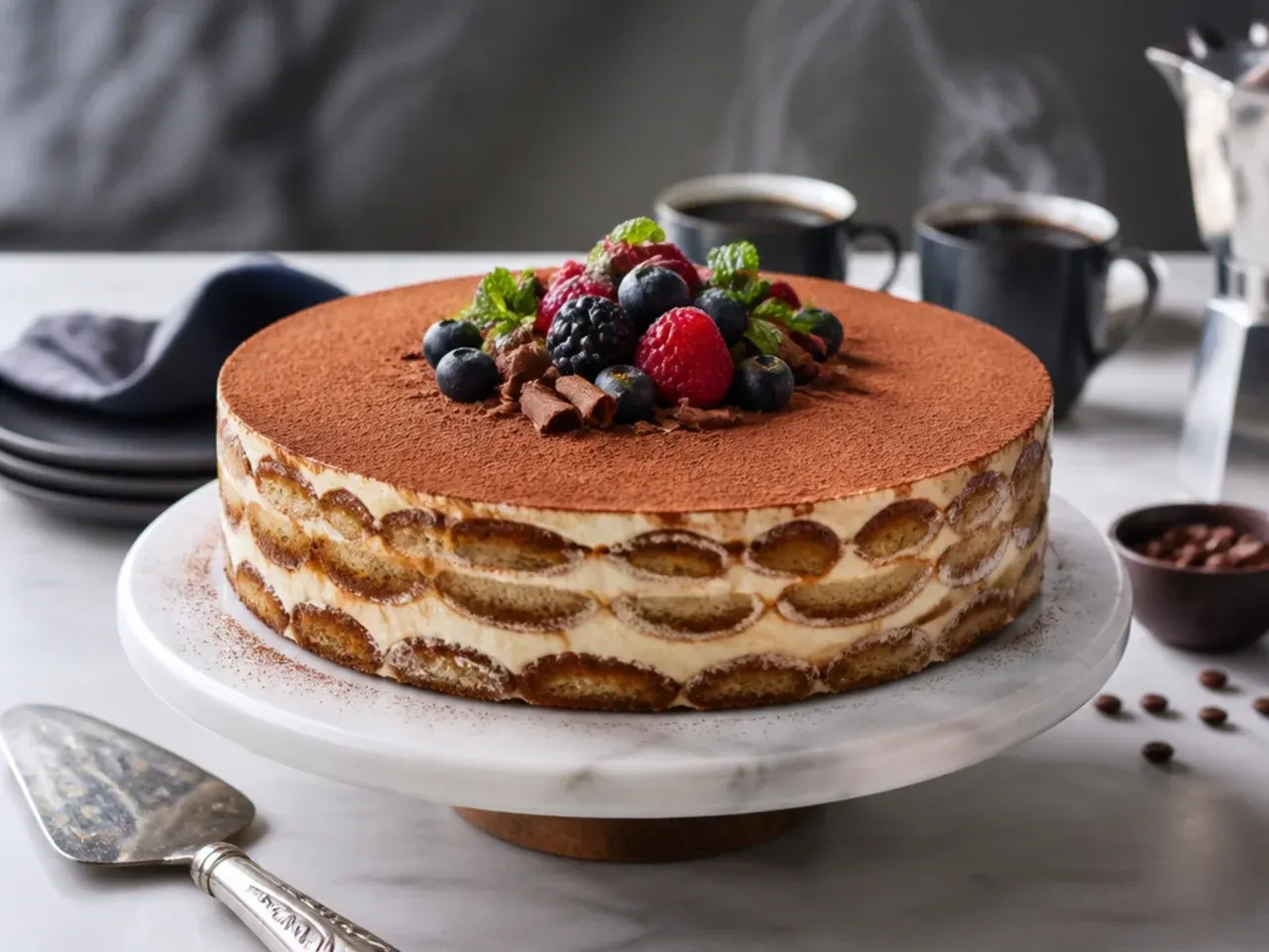 Tiramisu-style layer cake dusted heavily with cocoa powder, coffee-soaked layers visible