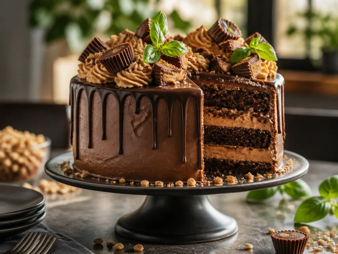 Chocolate peanut butter cake with chopped peanut butter cups and pretzels pressed into the frosting