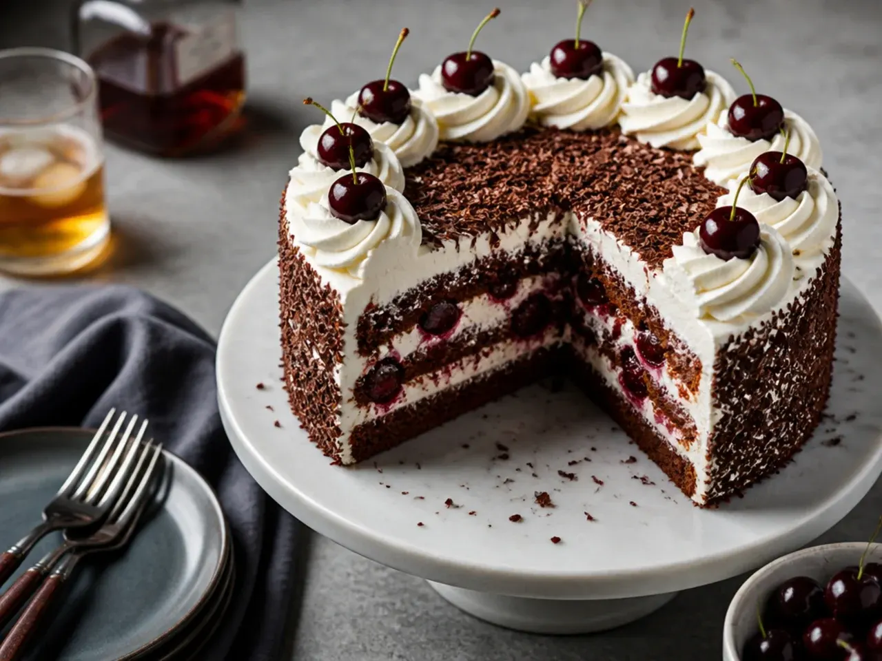 Black Forest gateau with whipped cream, dark chocolate shavings and whole cherries on top
