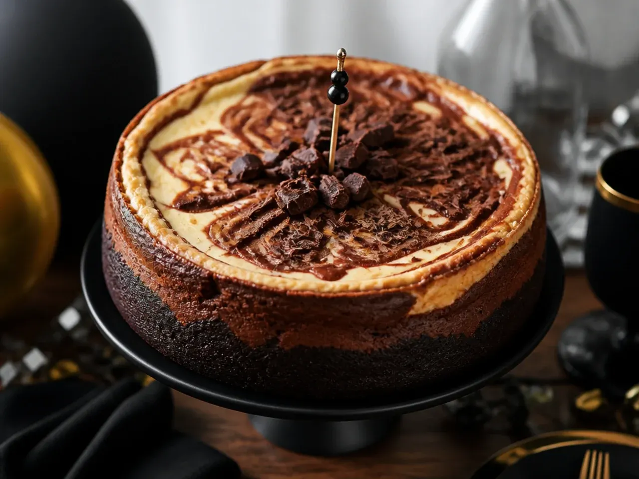 Marbled cheesecake brownie cake sliced to show swirled layers
