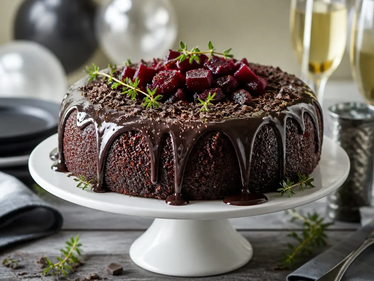 Rich dark chocolate cake made with grated beetroot, sliced to show a moist crumb
