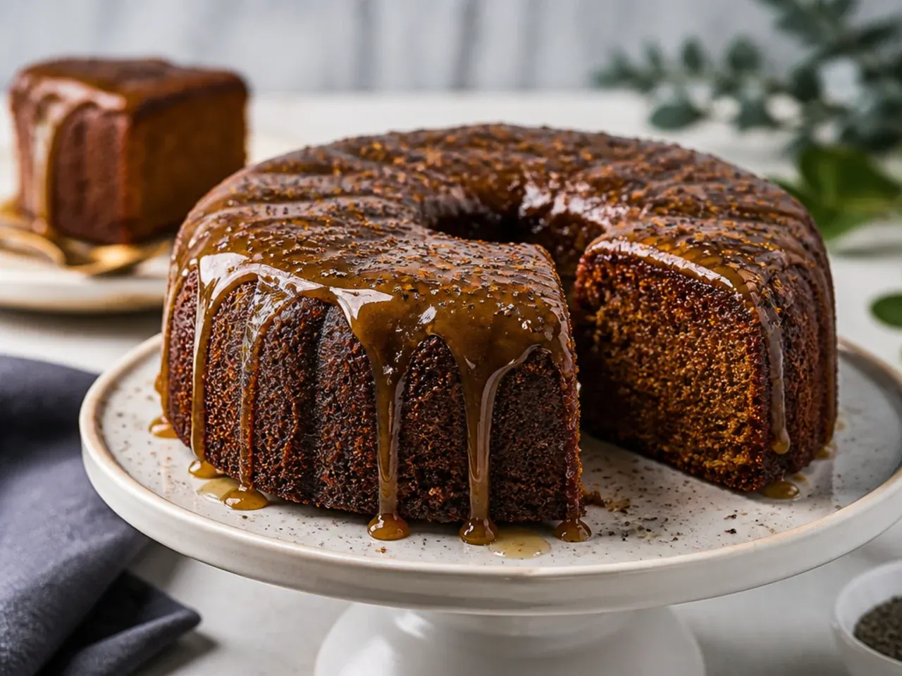 Sticky toffee layer cake with warm toffee sauce poured over the top and sides