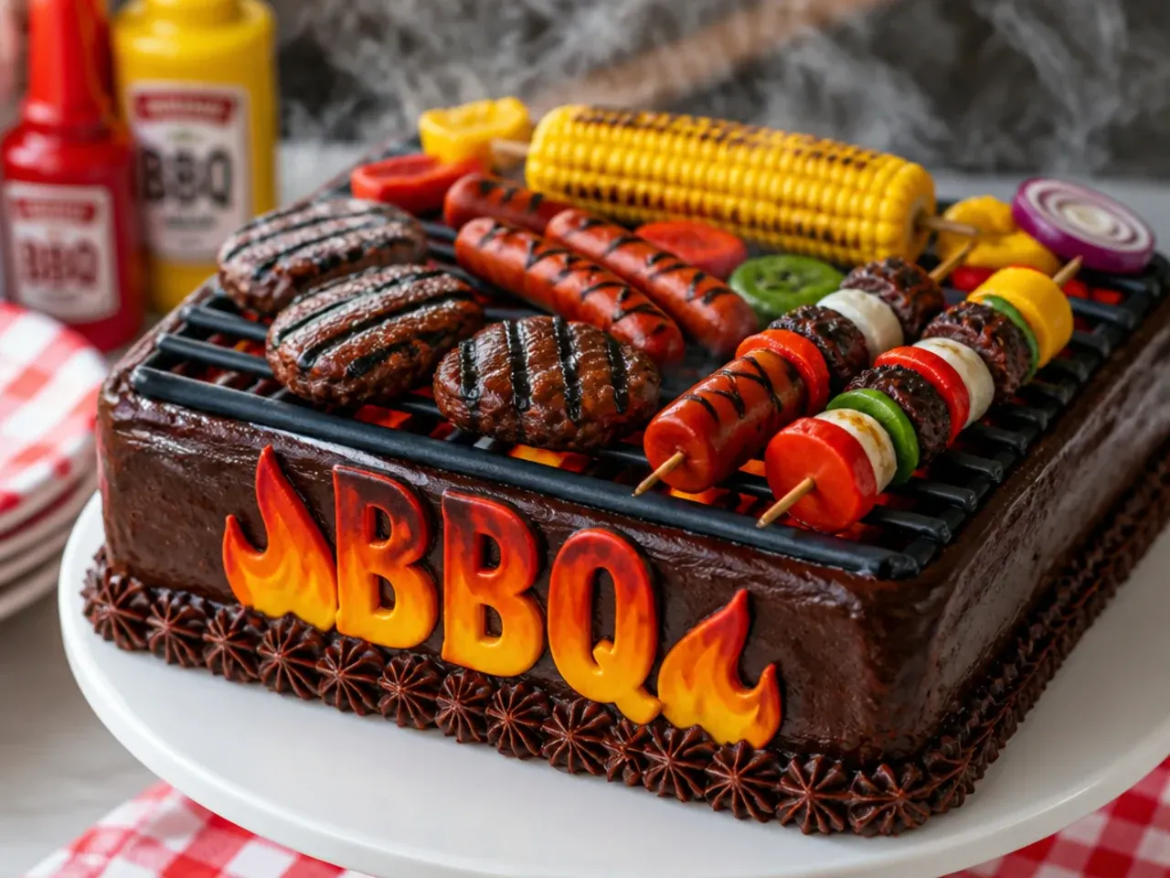 Sheet cake decorated to look like a barbecue grill with marzipan burgers and sausages on top