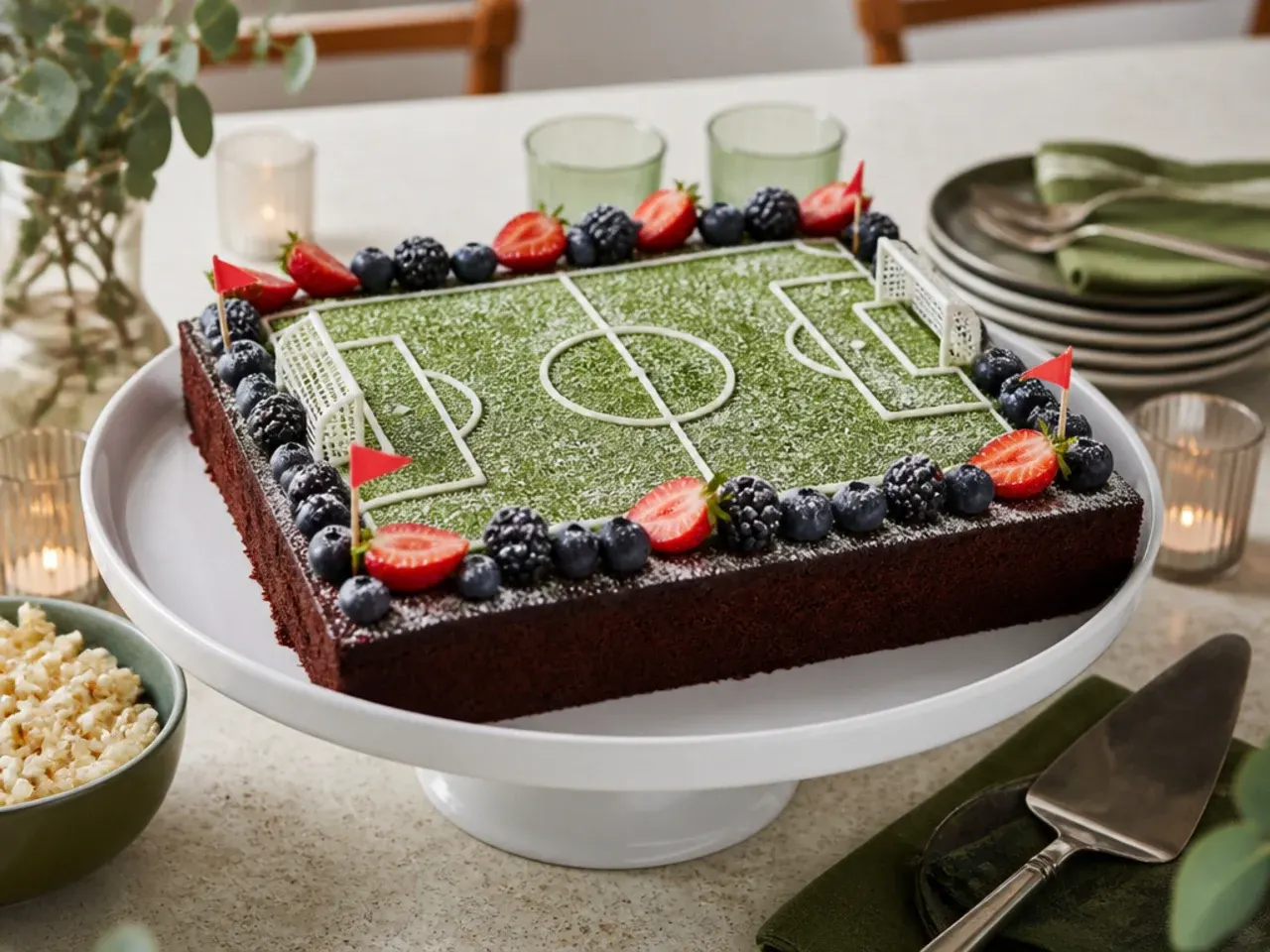 Sheet cake decorated as a green football pitch with white piped lines and a small edible football