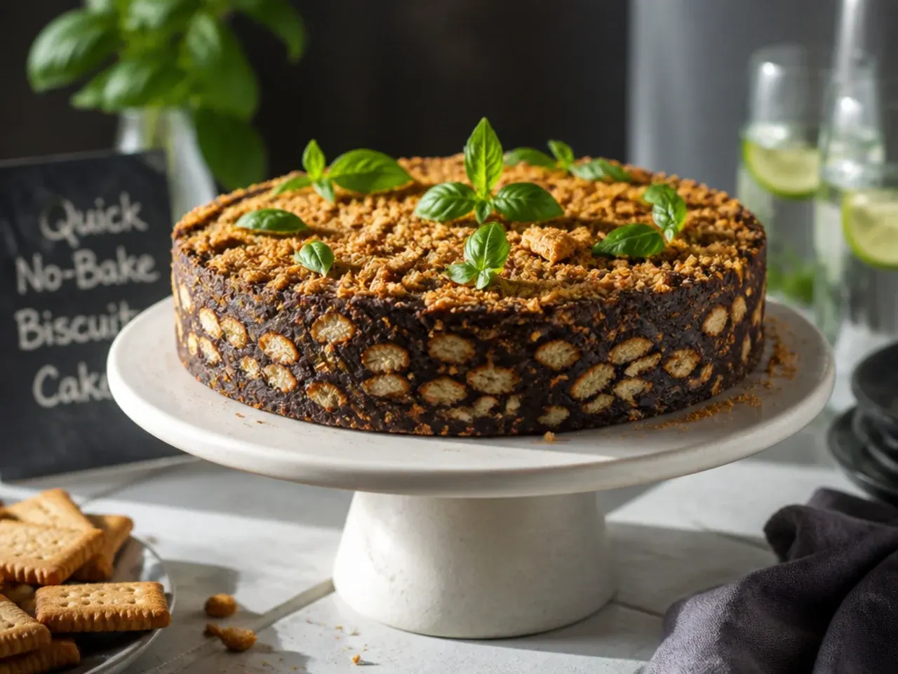 No-bake chocolate biscuit cake sliced to show chunks of biscuit through a chocolate coating