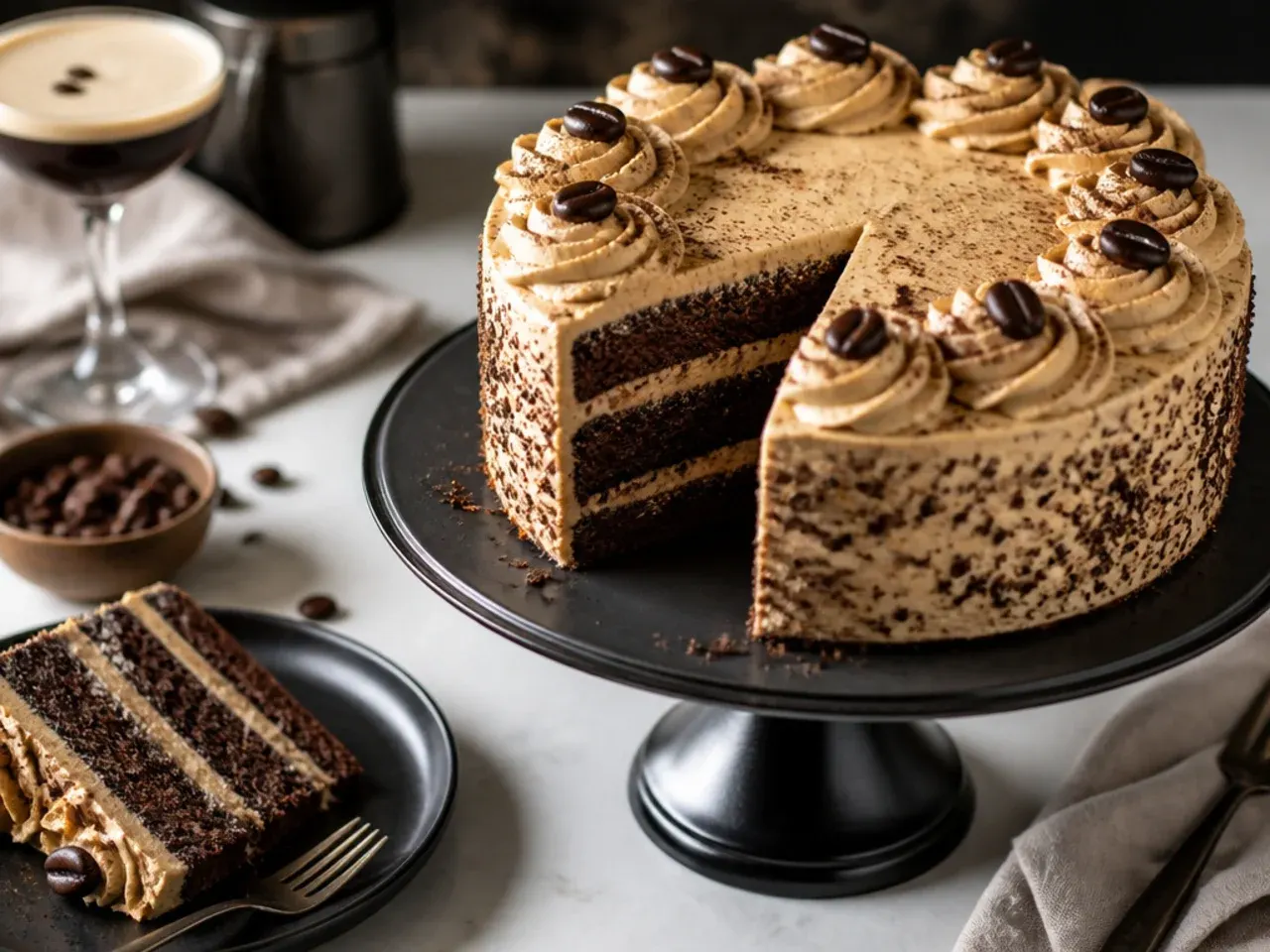 Coffee liqueur layer cake garnished with chocolate-covered coffee beans around the top edge