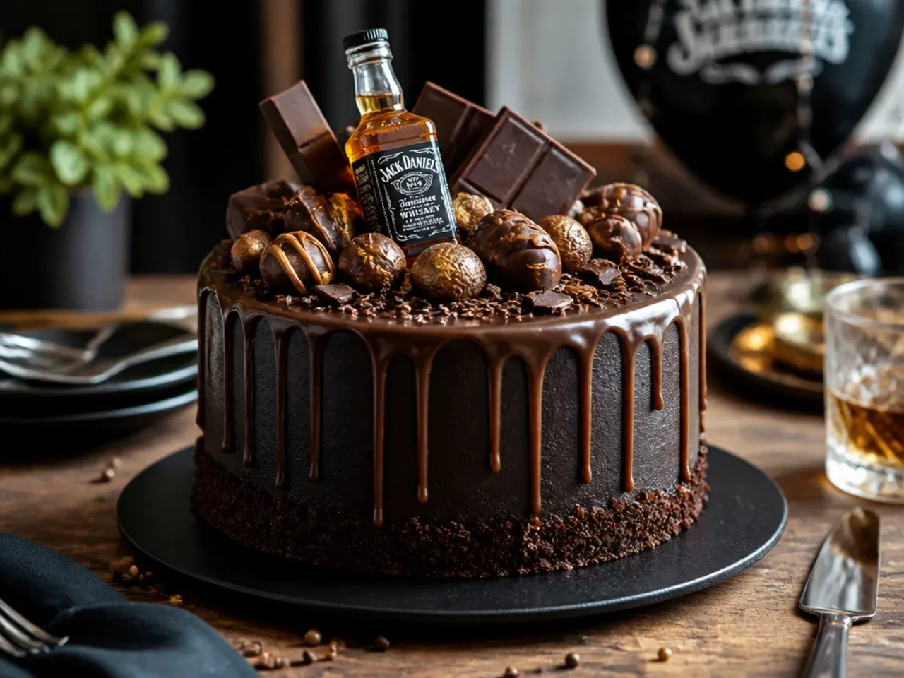 Slices of layer cake served on plates alongside cups of coffee and a small glass of whisky