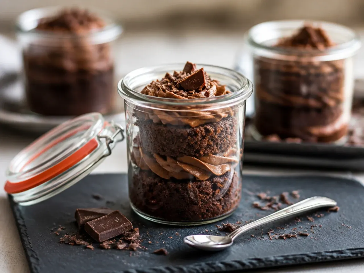 Wrapped cake slices stored in an airtight container next to a fridge