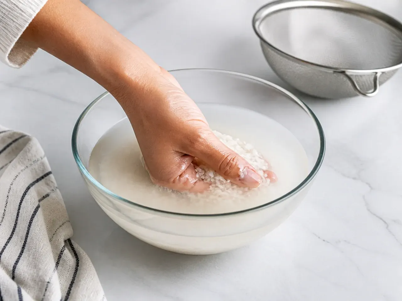 california sushi bowl — step 1: rinse the rice