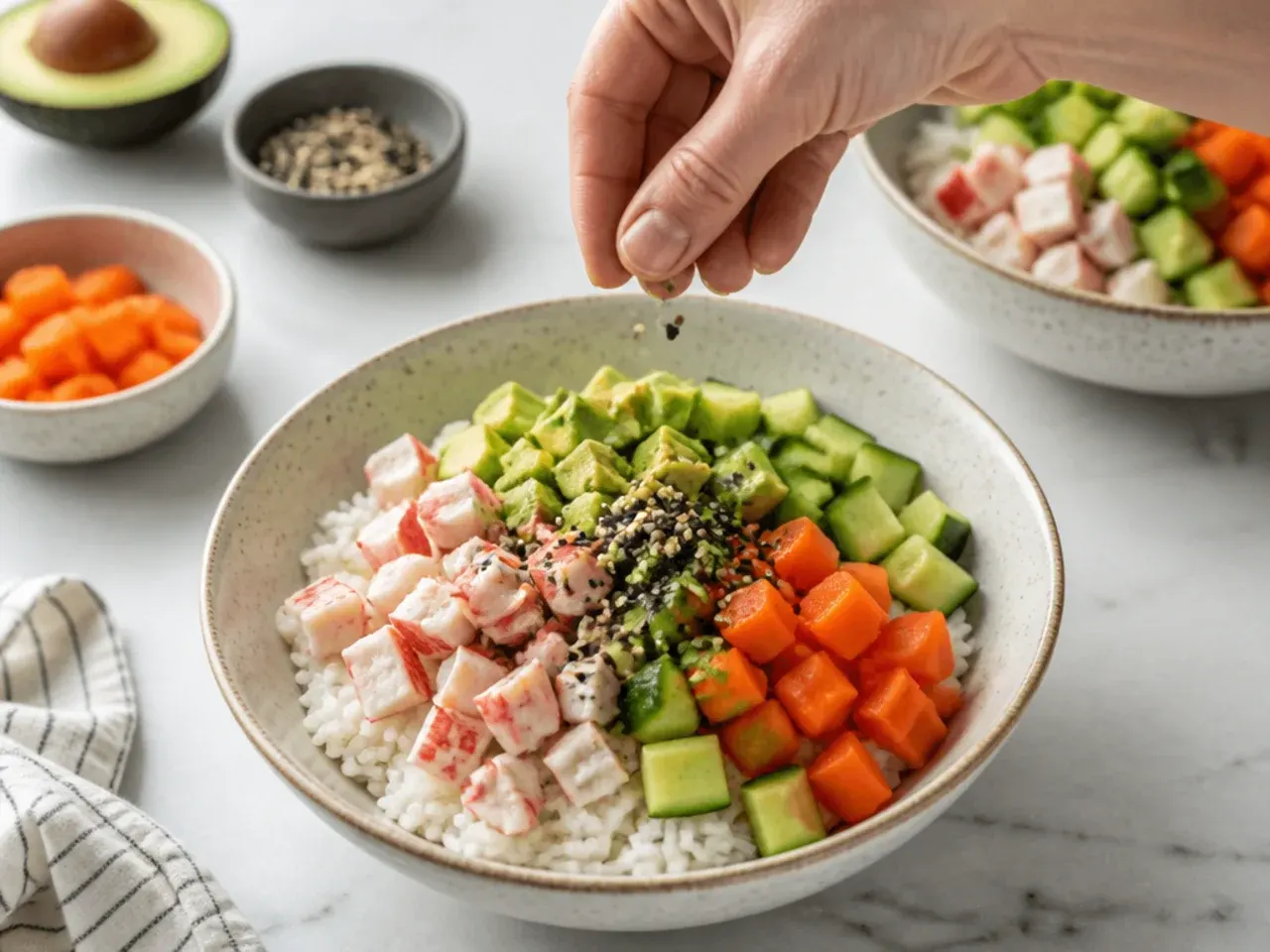 california sushi bowl — step 7: assemble the bowls