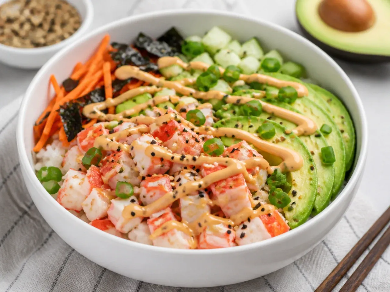 Easy California sushi bowl with crab, avocado, and spicy mayo in a white bowl