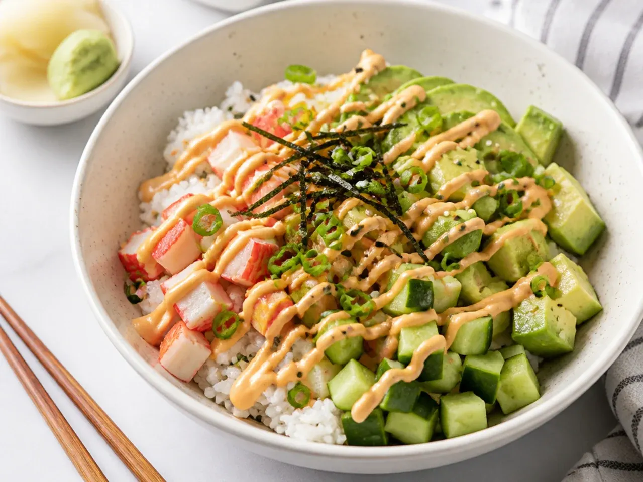 Classic California sushi bowl recipe with spicy mayo drizzle over sushi rice