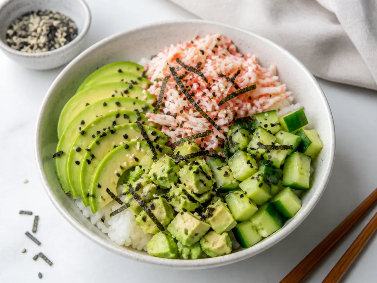 Quick easy California sushi bowl made with microwave rice and imitation crab