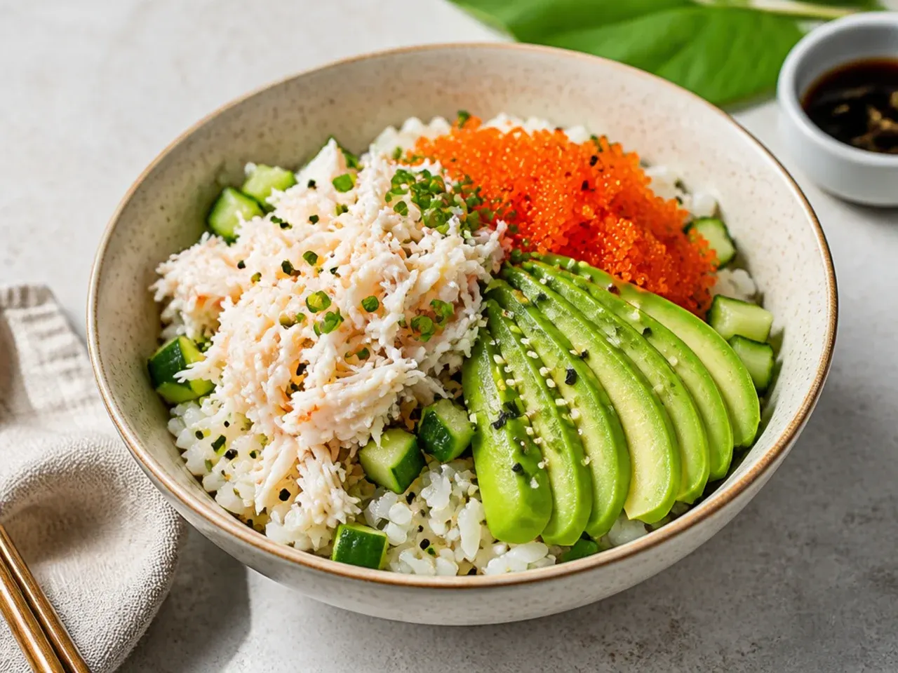 Elegant California sushi bowl topped with lump crab, fanned avocado, and tobiko