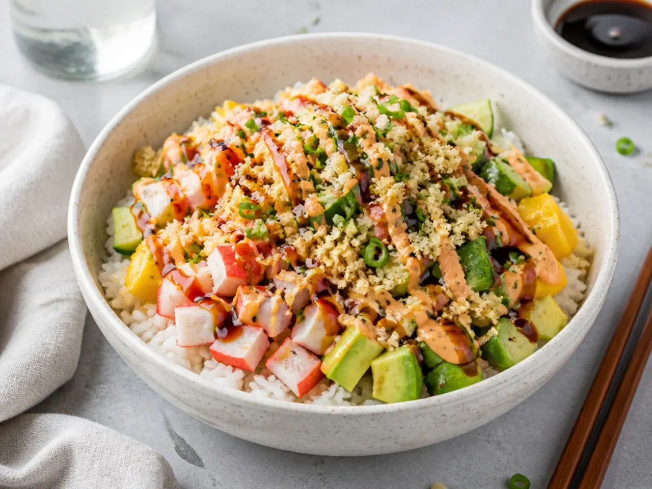 Playful California sushi bowl with crunchy tempura flakes and eel sauce