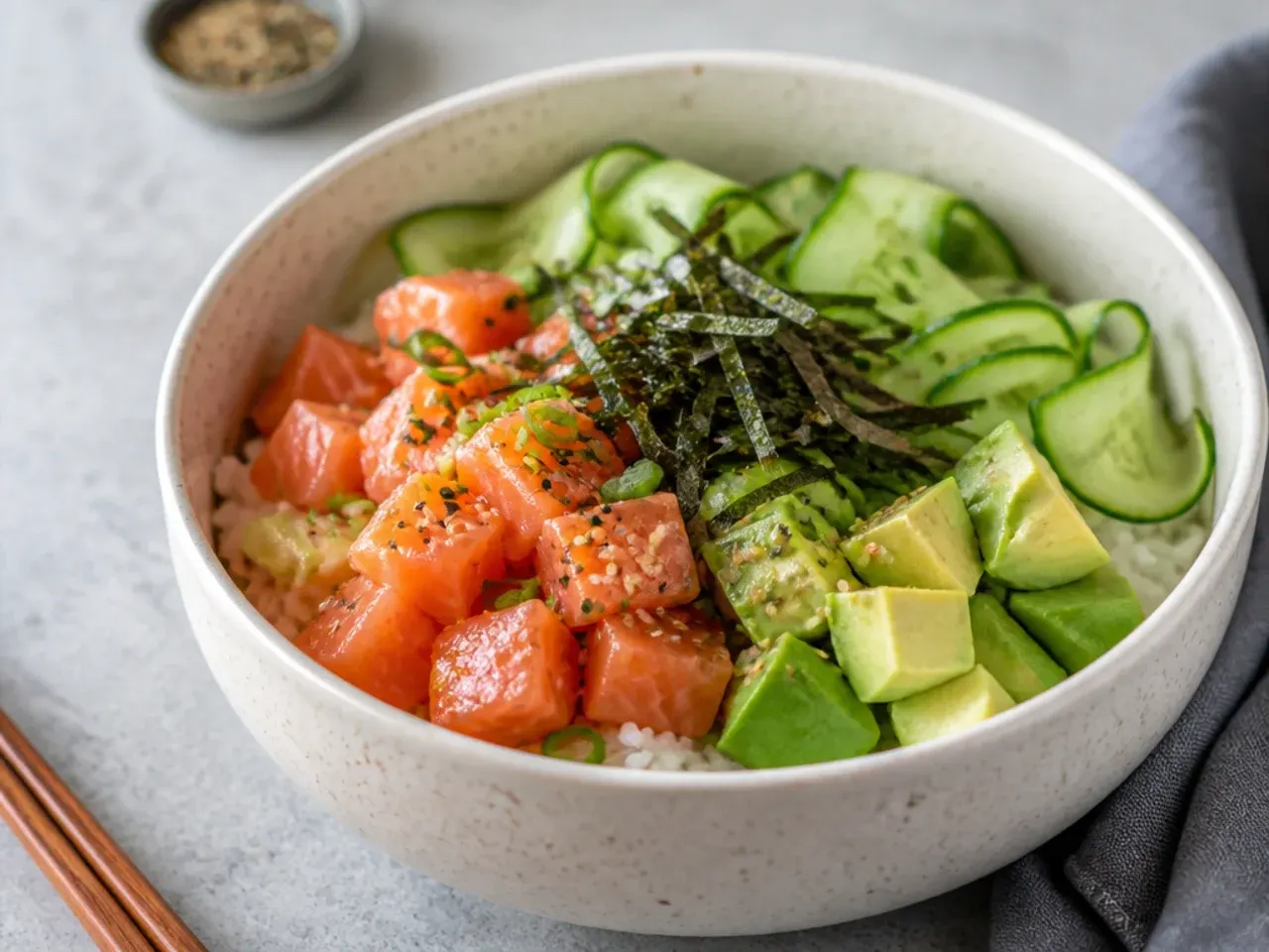 Modern California sushi bowl with cubed sushi-grade salmon and avocado