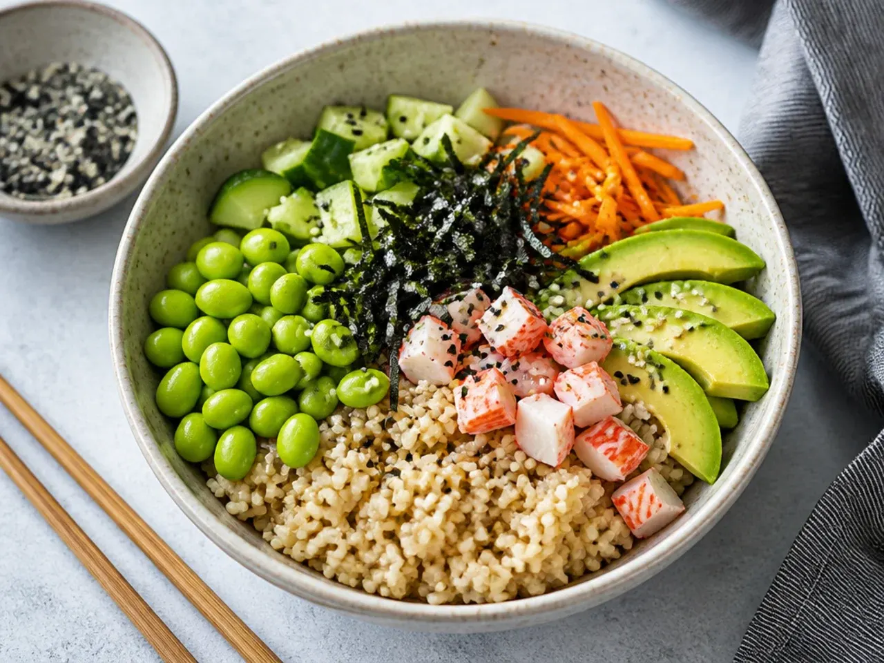 Rustic California sushi bowl made with nutty short-grain brown rice and edamame