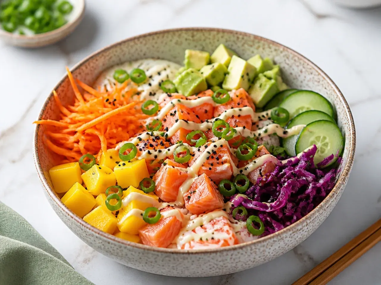 Colorful California sushi bowl with rainbow vegetables, carrots, and mango