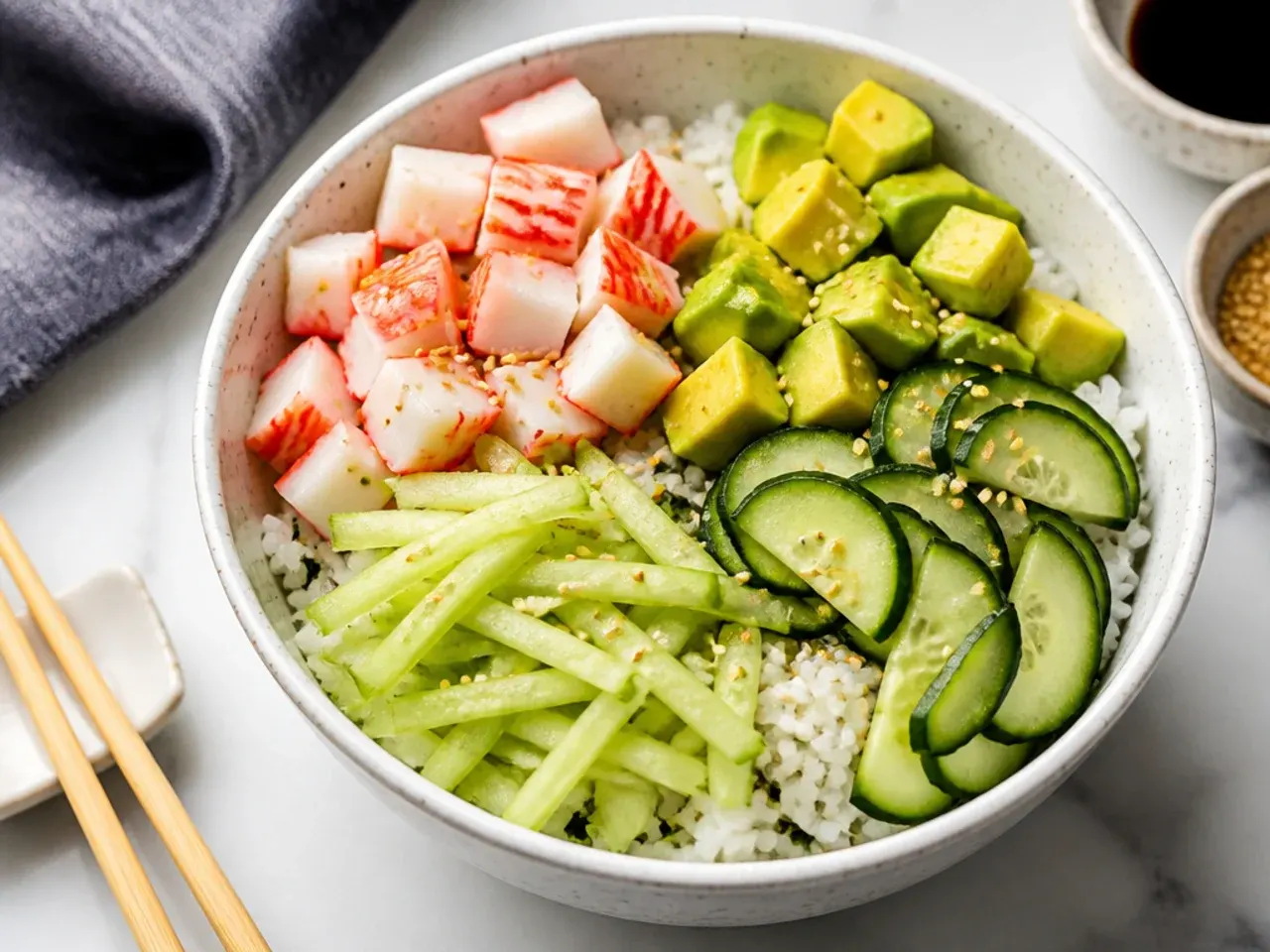 Minimal California sushi bowl with four toppings, crab, avocado, and cucumber