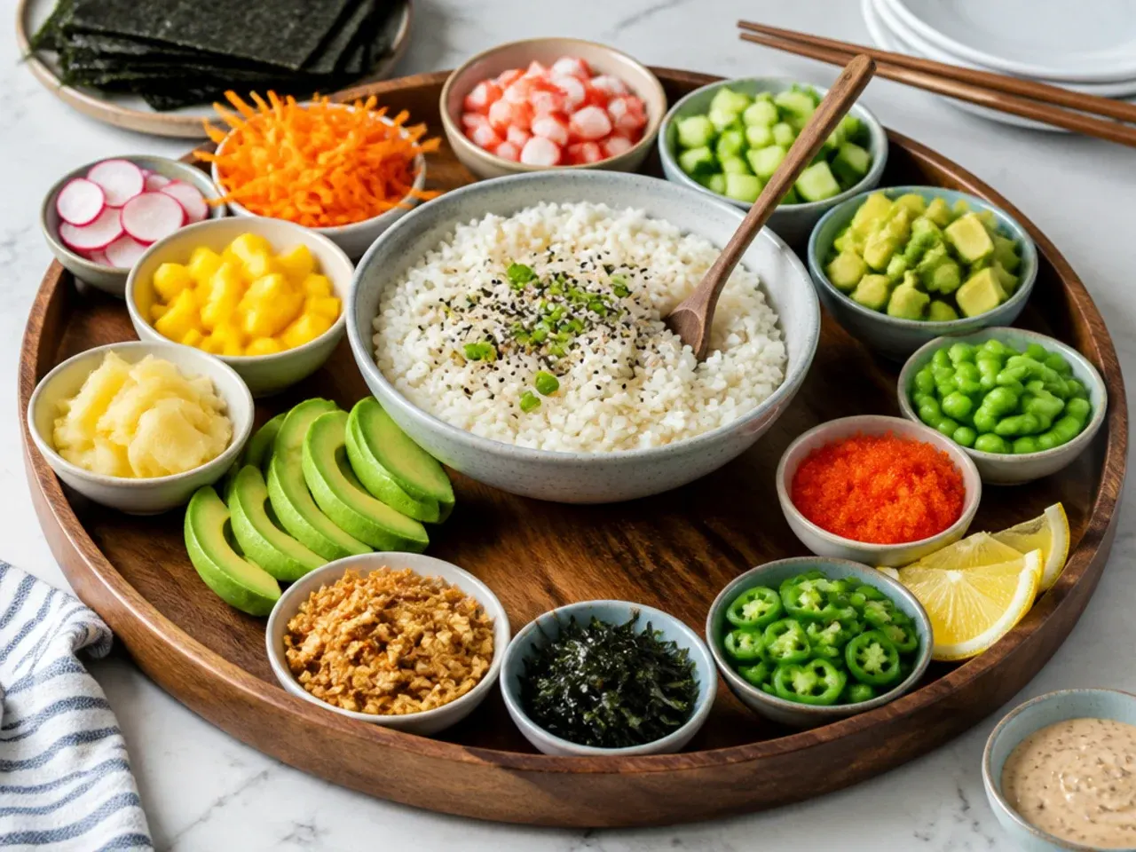 Festive California sushi bowl party board with rice and topping stations
