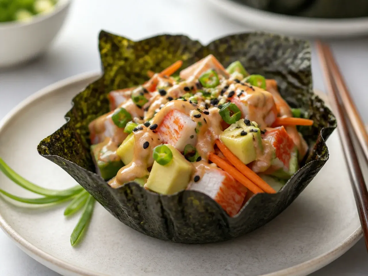 Whimsical deconstructed California sushi bowl served in crisp nori seaweed cups