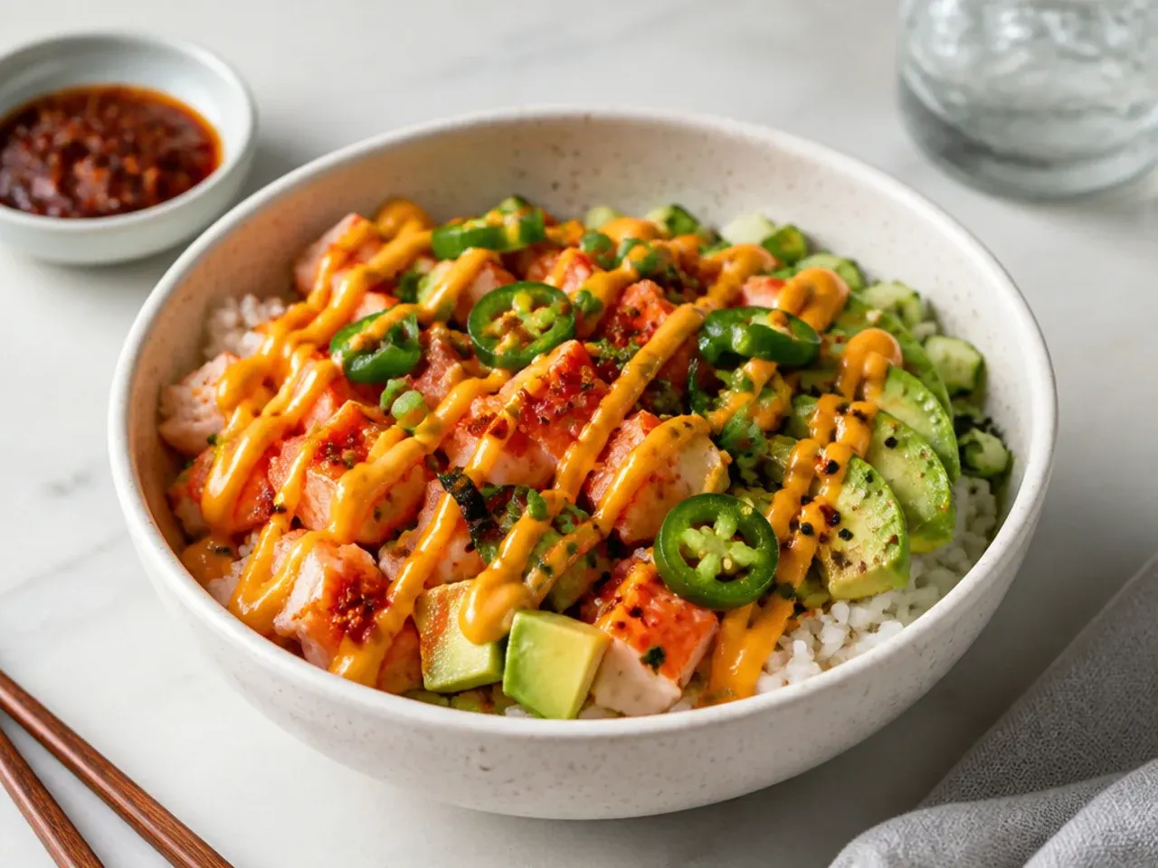 Bold spicy California sushi bowl with jalapeno, chili crisp, and extra sriracha mayo
