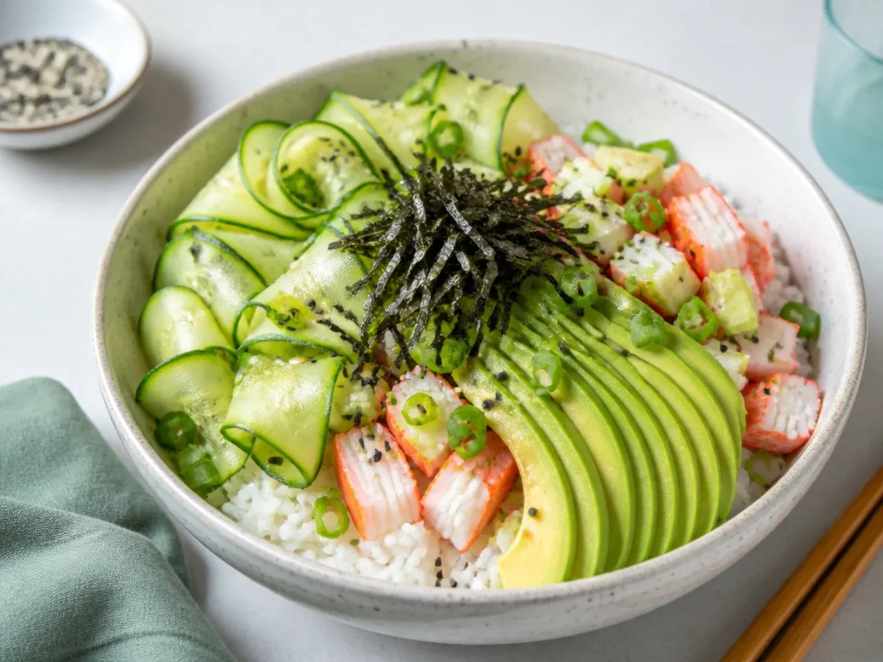 Delicate California sushi bowl with shaved cucumber ribbons and thin avocado slices