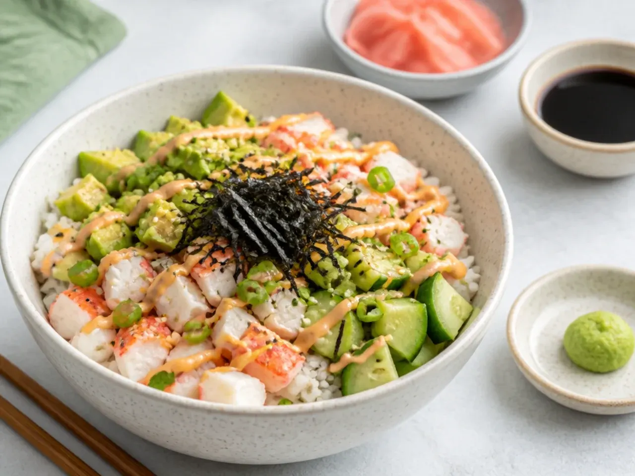 Vintage California sushi bowl served with pickled ginger, wasabi, and soy sauce