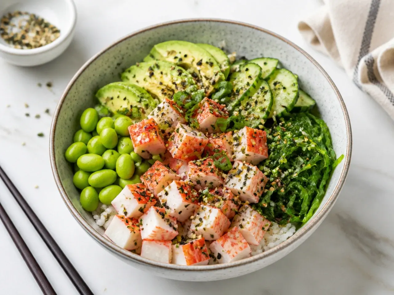 Creative poke-style California sushi bowl with edamame, seaweed salad, and furikake