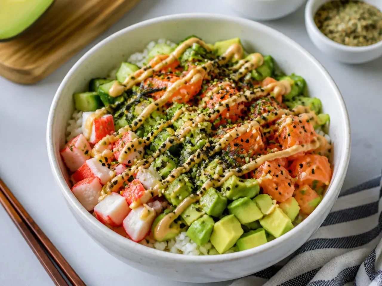 Charming California sushi bowl topped with homemade nori and sesame furikake