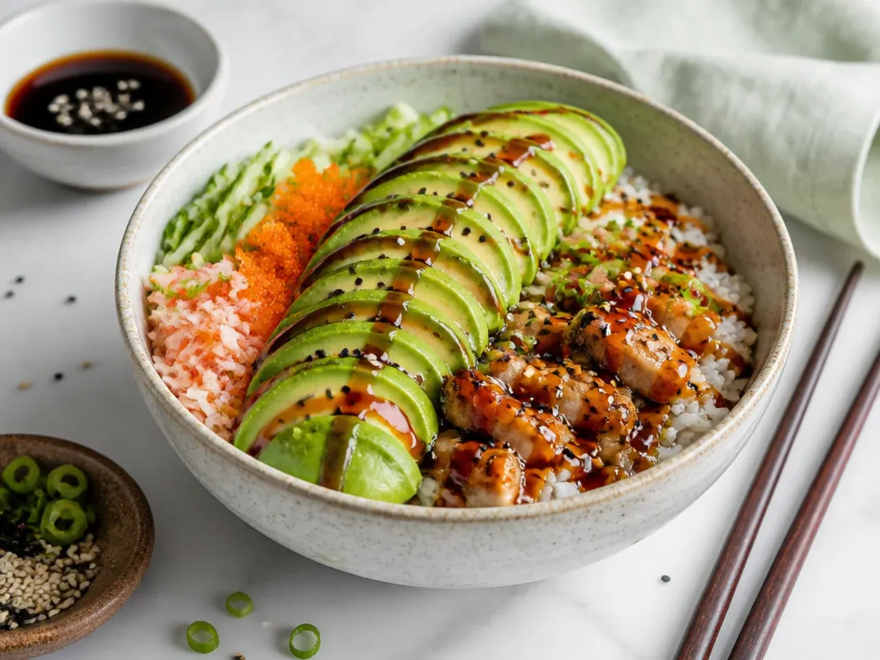 Classic dragon-style California sushi bowl with overlapping avocado scales and eel sauce