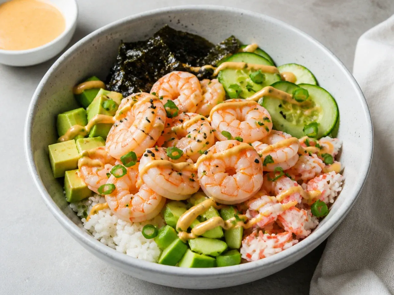 Easy shrimp California sushi bowl with poached shrimp and spicy mayo