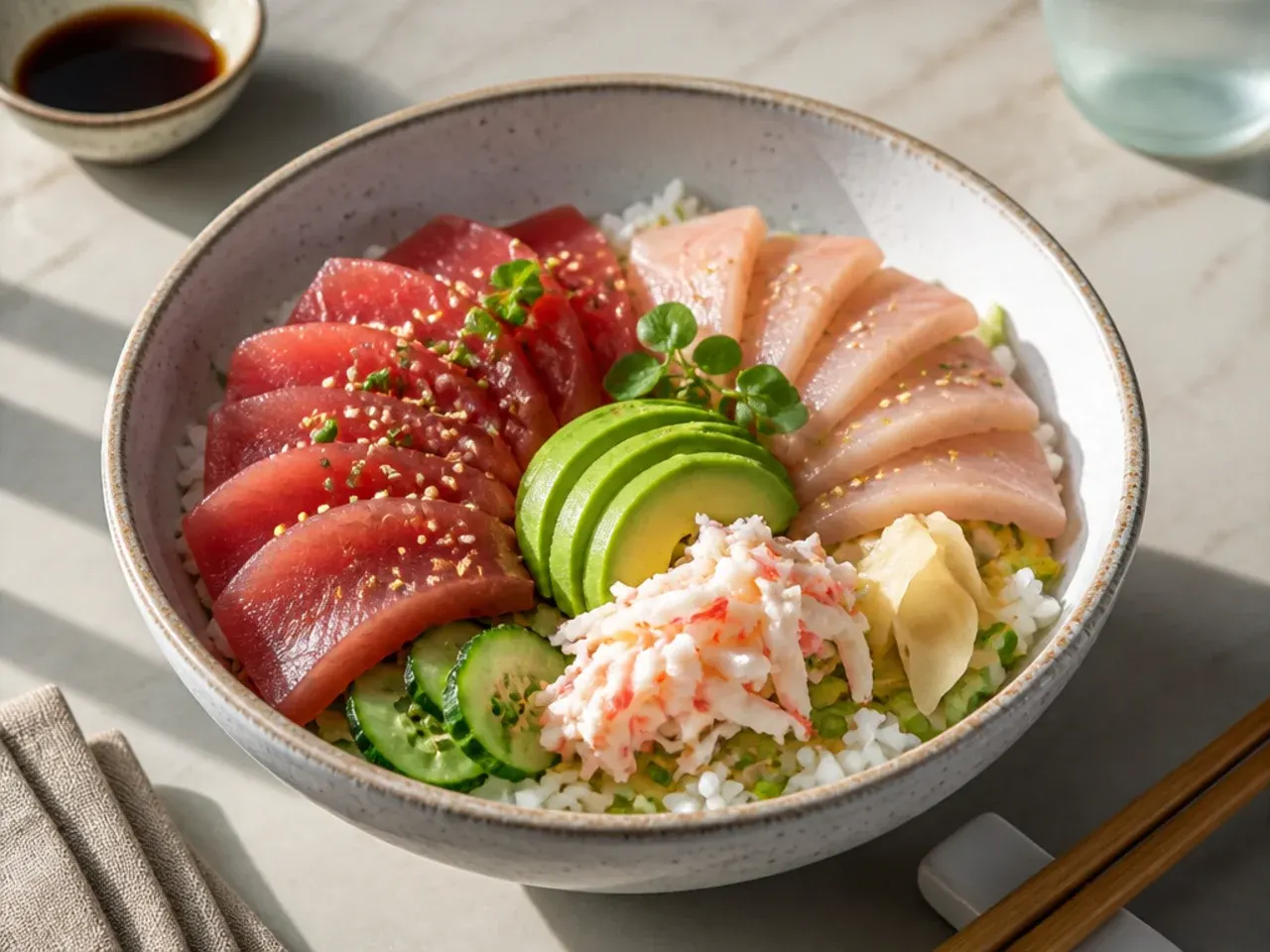 Elegant California sushi bowl topped with sashimi-grade tuna and yellowtail slices