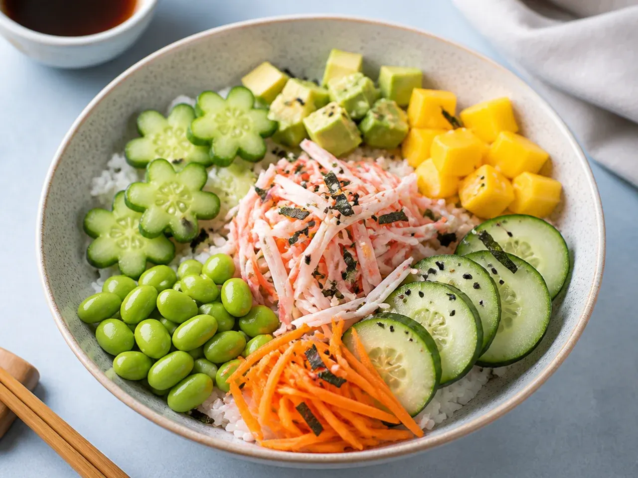 Playful kid-friendly California sushi bowl with mild toppings and fun-shaped cucumber