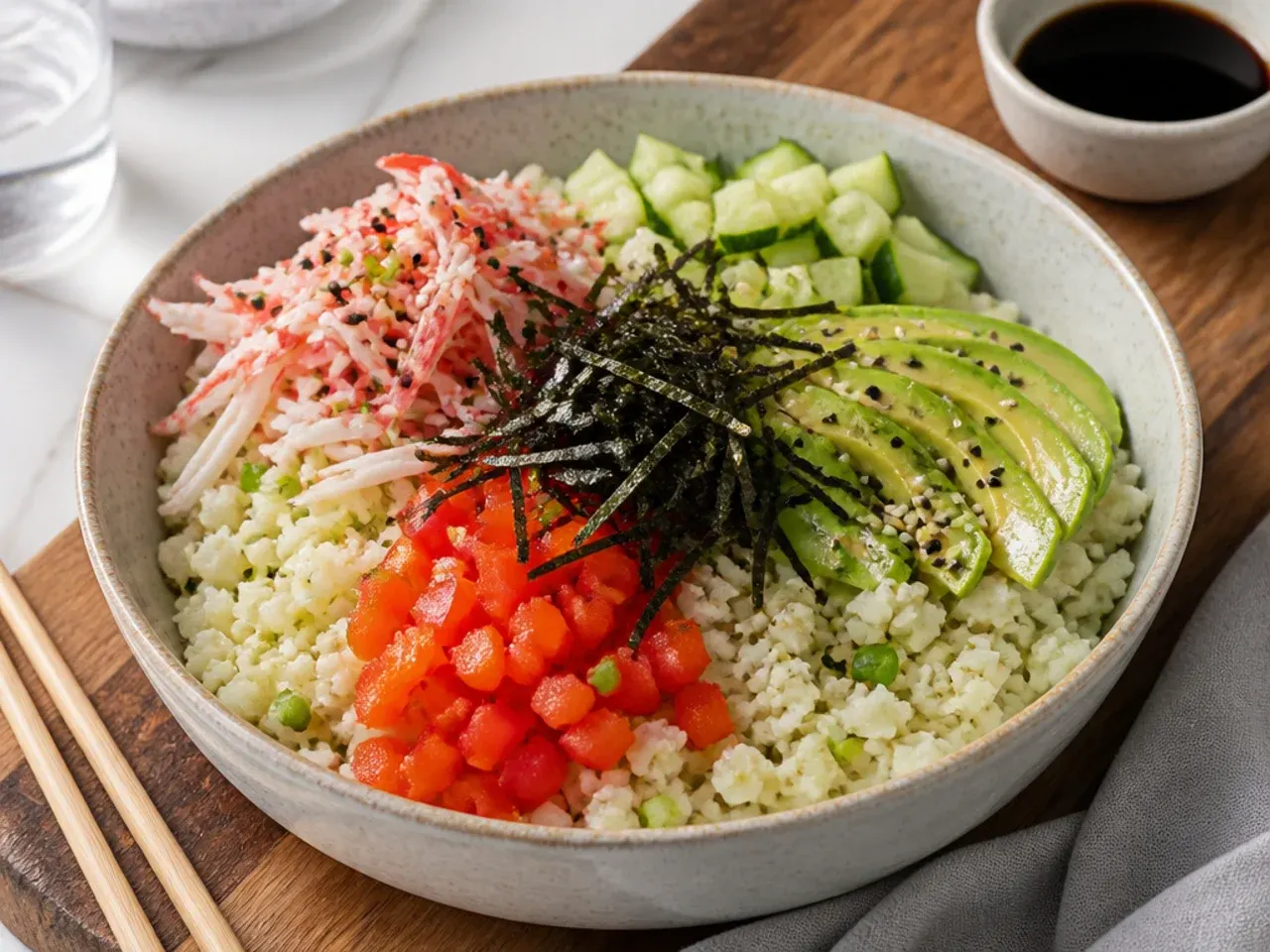 Modern grain-free cauliflower rice California sushi bowl with crab and avocado