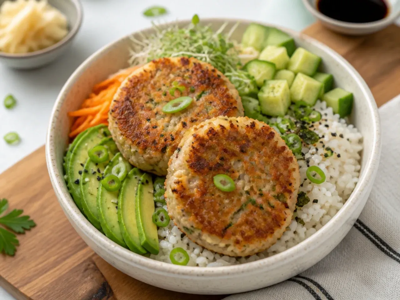 Rustic warm California sushi bowl with pan-seared crab cakes over sushi rice