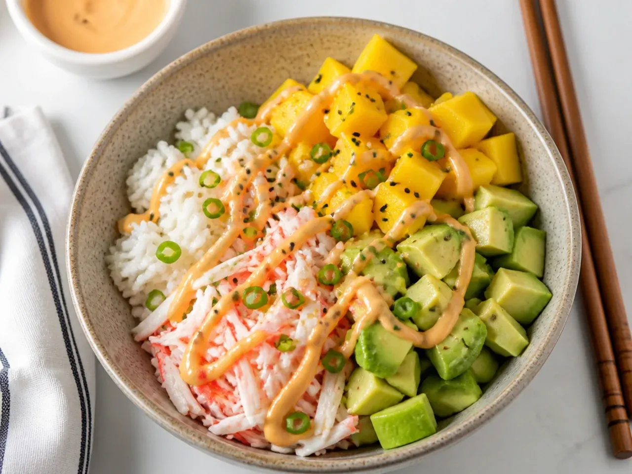 Colorful mango California sushi bowl with diced mango, avocado, and crab