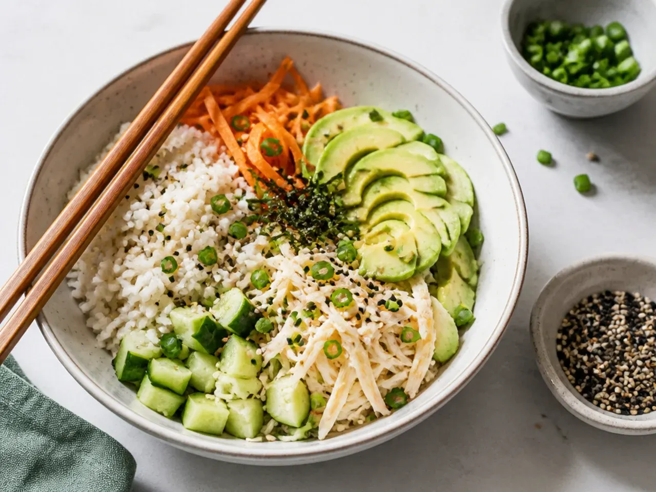 Minimal vegan California sushi bowl with shredded hearts of palm and avocado